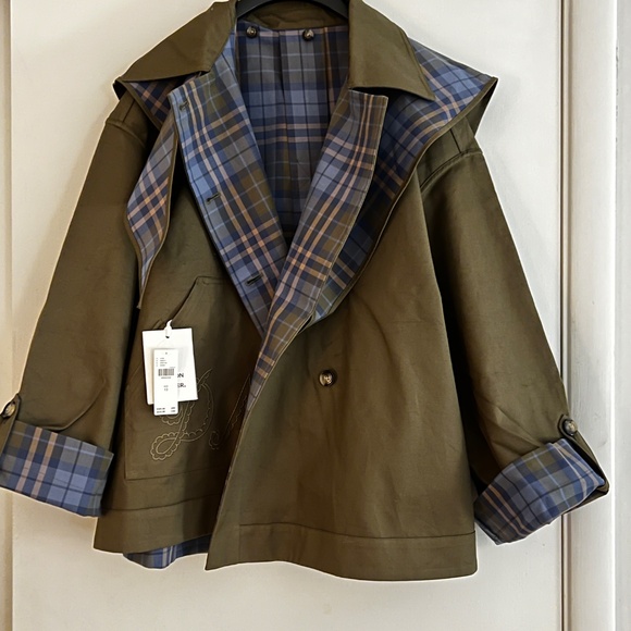 Olive Trench Coat with Blue Plaid Accent - Picture 6 of 6